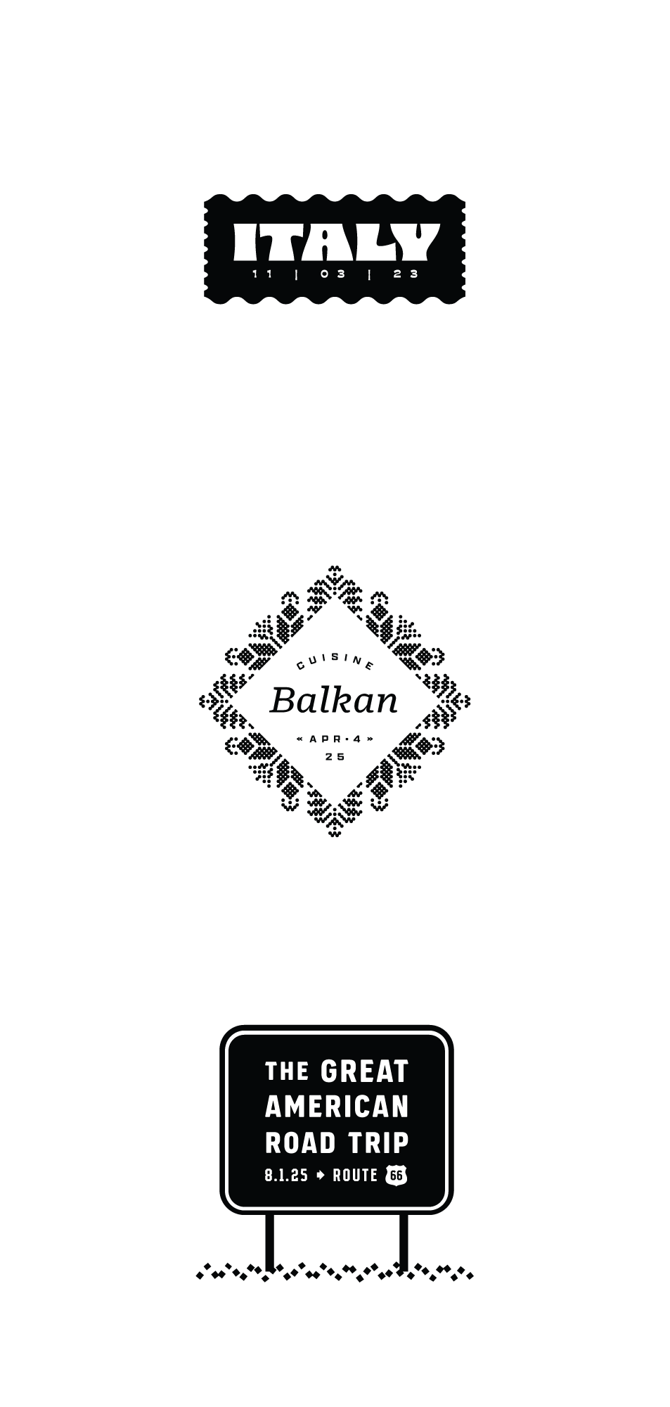 Italy, Balkan Cuisine + The Great American Road Trip stamps