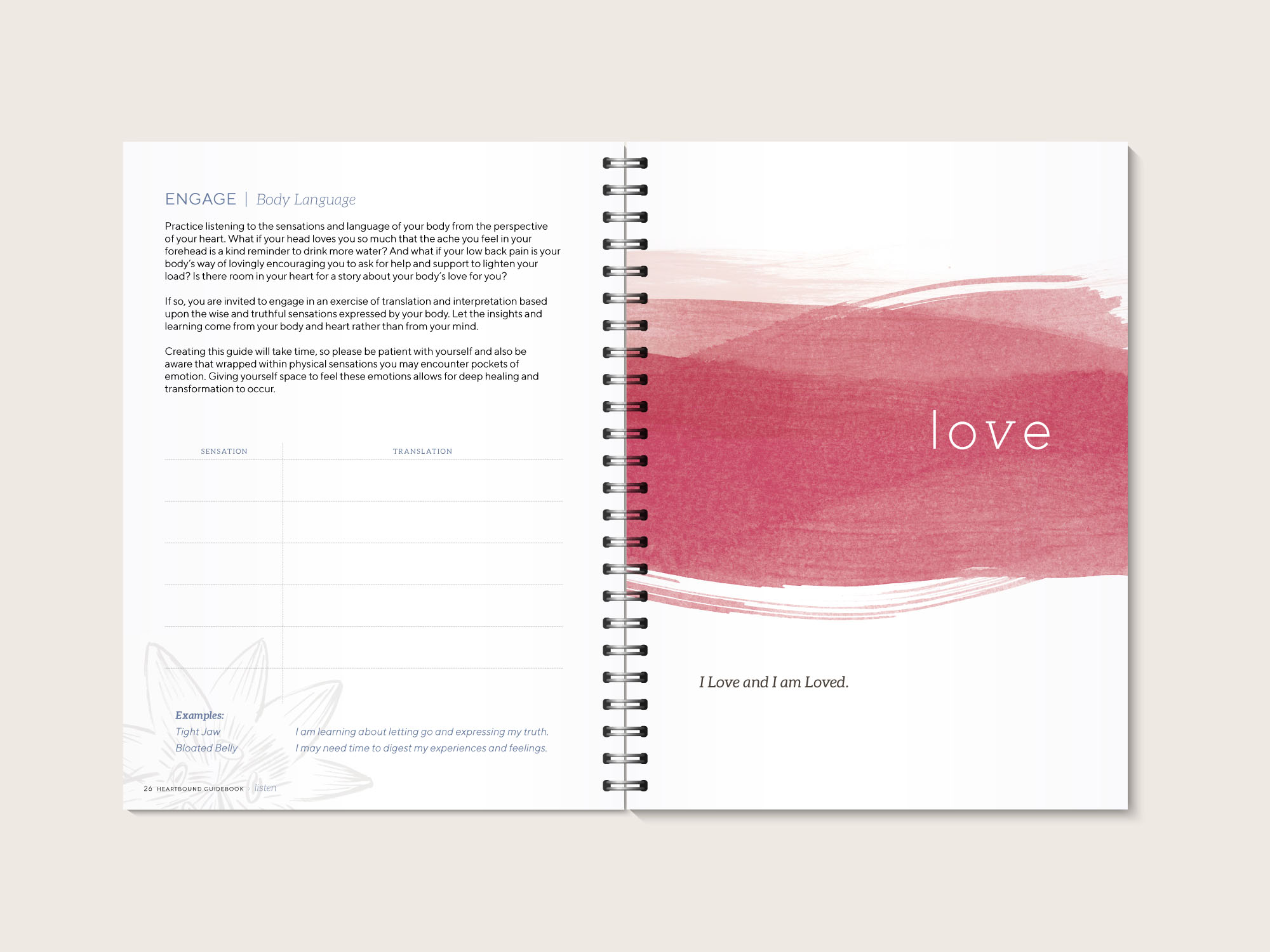 HeartBound guidebook Listen page + Love opening page