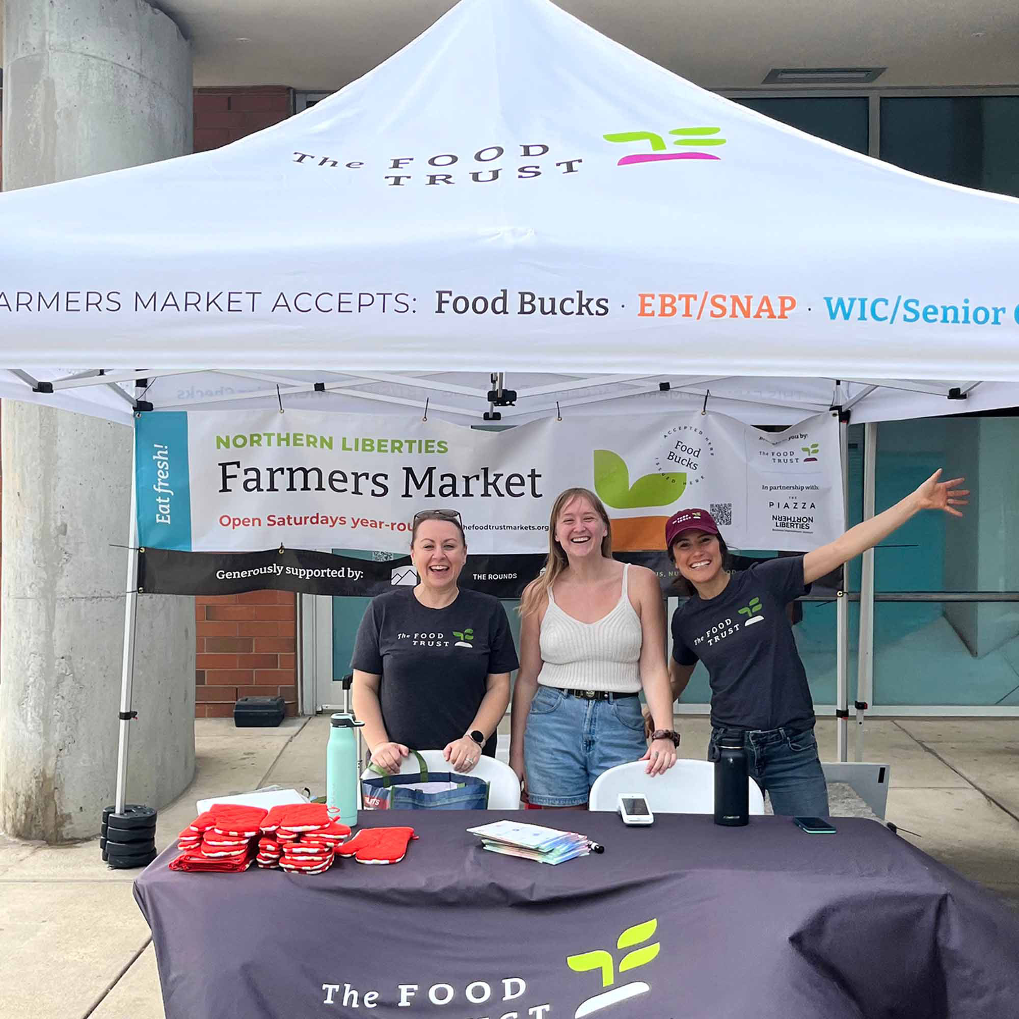 farmers market tent, banner, tablecloth, t-shirts and hat